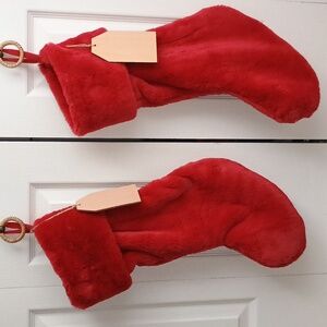 2 Martha Stewart Red Soft Faux Fur Christmas Holiday Stockings 22" Wood Tag NWOT